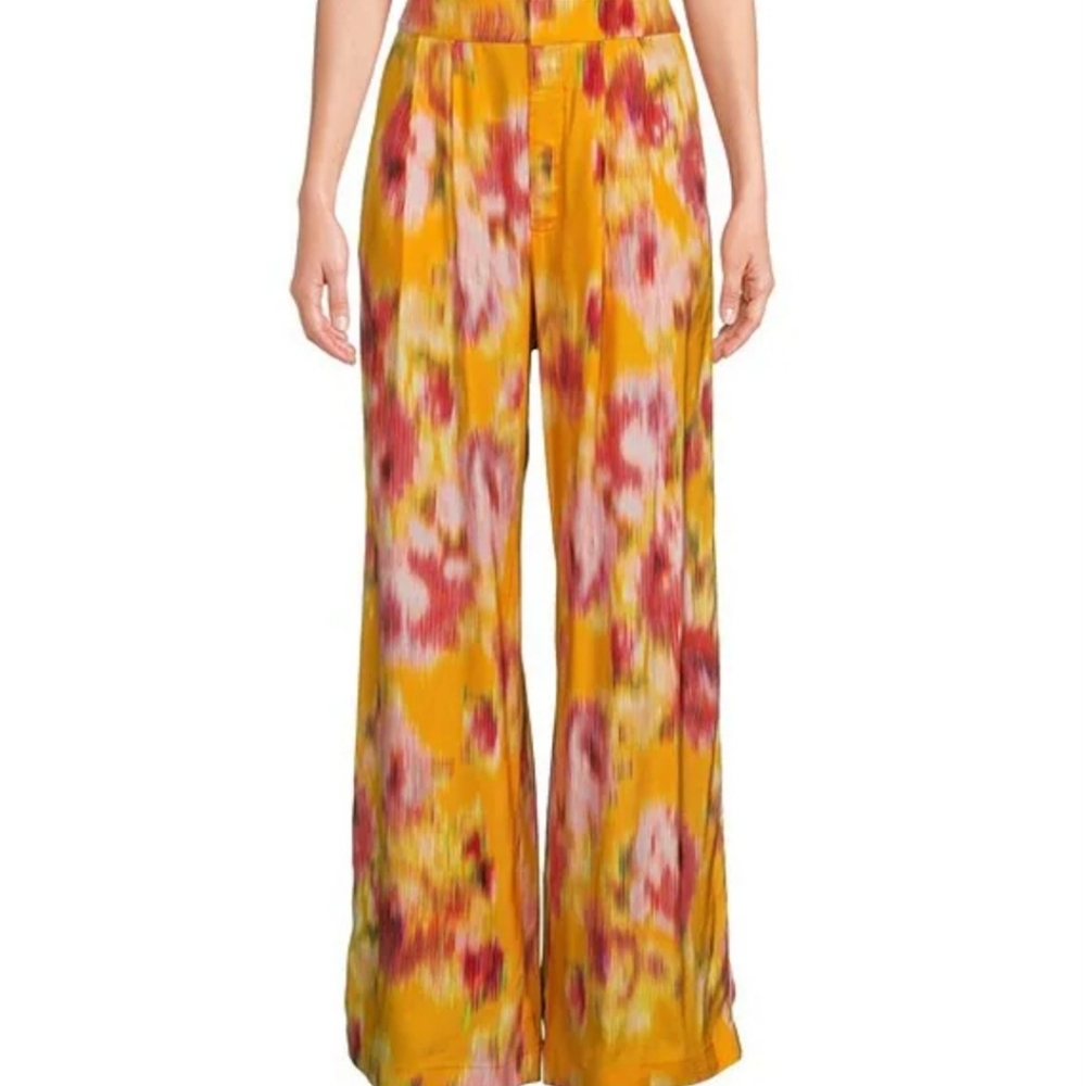 Ted Baker Pants Women's 8 Yellow Pink Hitako Floral Blured Wide Leg New $245
